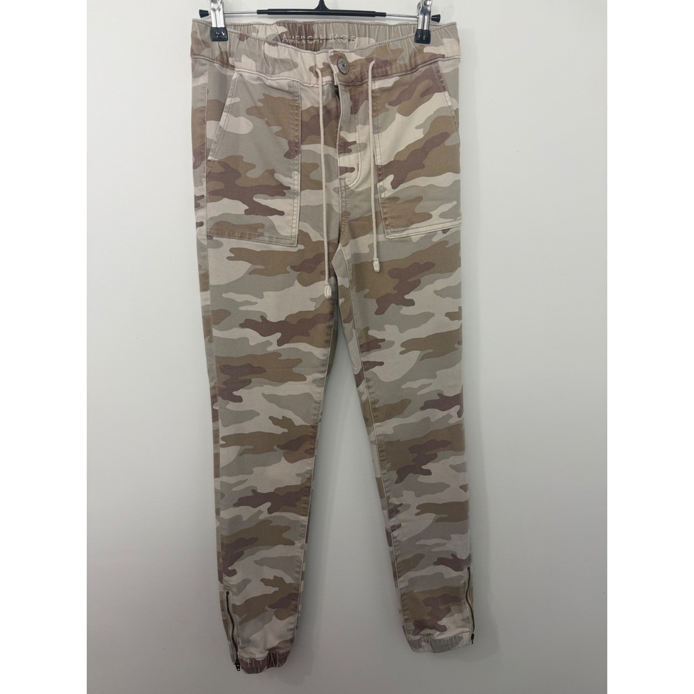 American Eagle Camo Ne(x)t Level Stretch Joggers Tan Brown Zipper Ankle Pants 4